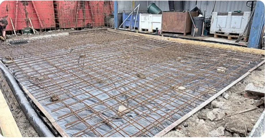 Steel reinforcement mesh laid for a commercial concrete base